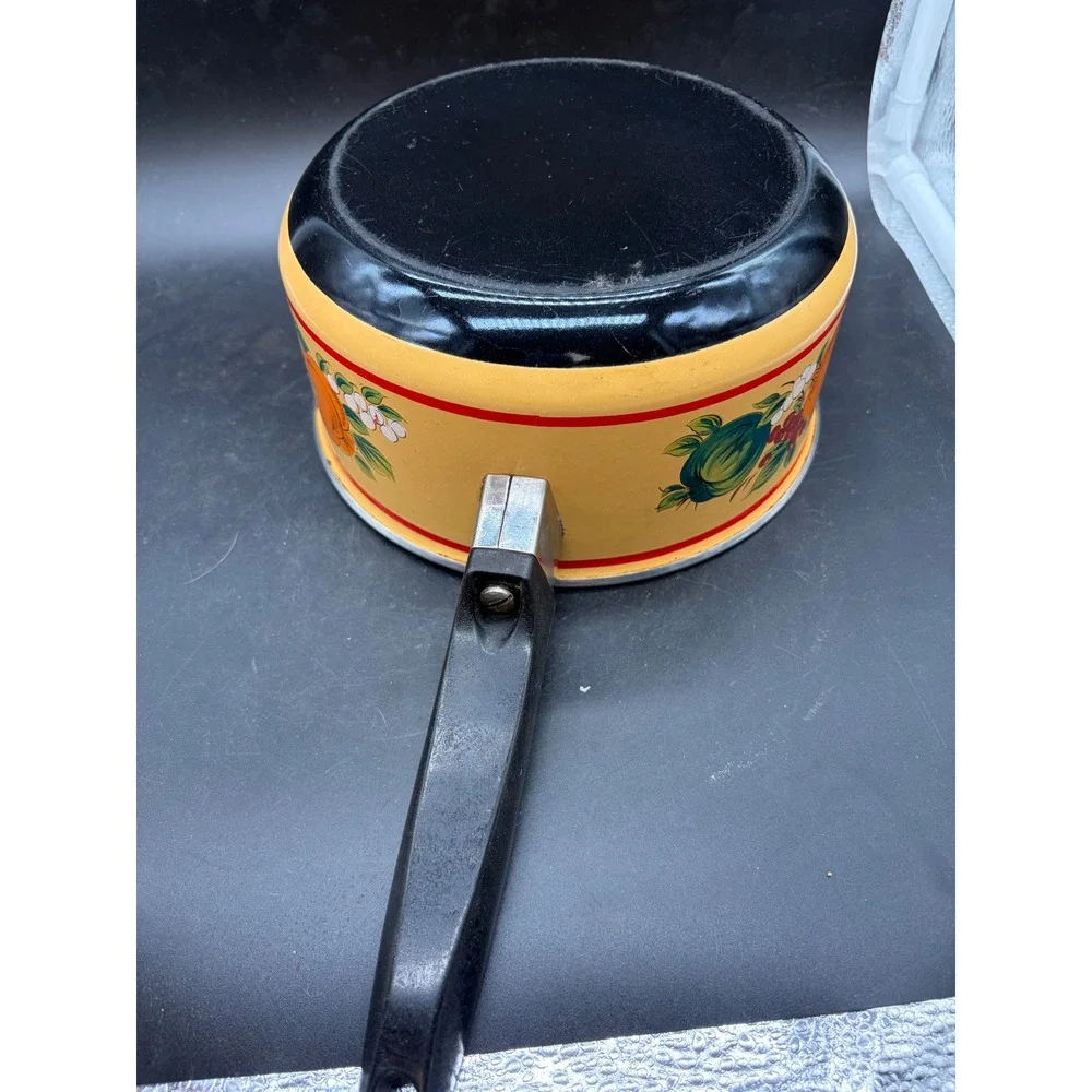 Vintage Enamelware Saucepan with Red Lid‎ Fruit Floral Motif Yellow Pot